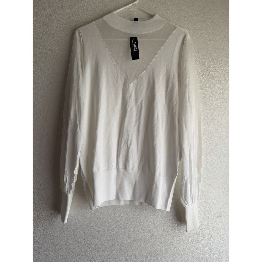 NWT White House‎ Black Market Sz Large Sheer V Neck Long Women White Blouse
